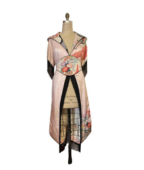 "Victorian Fringe" (Blush) Reimagined Vintage Kimono - Kimono Zulu Artist Collaboration with Judy Masliyah